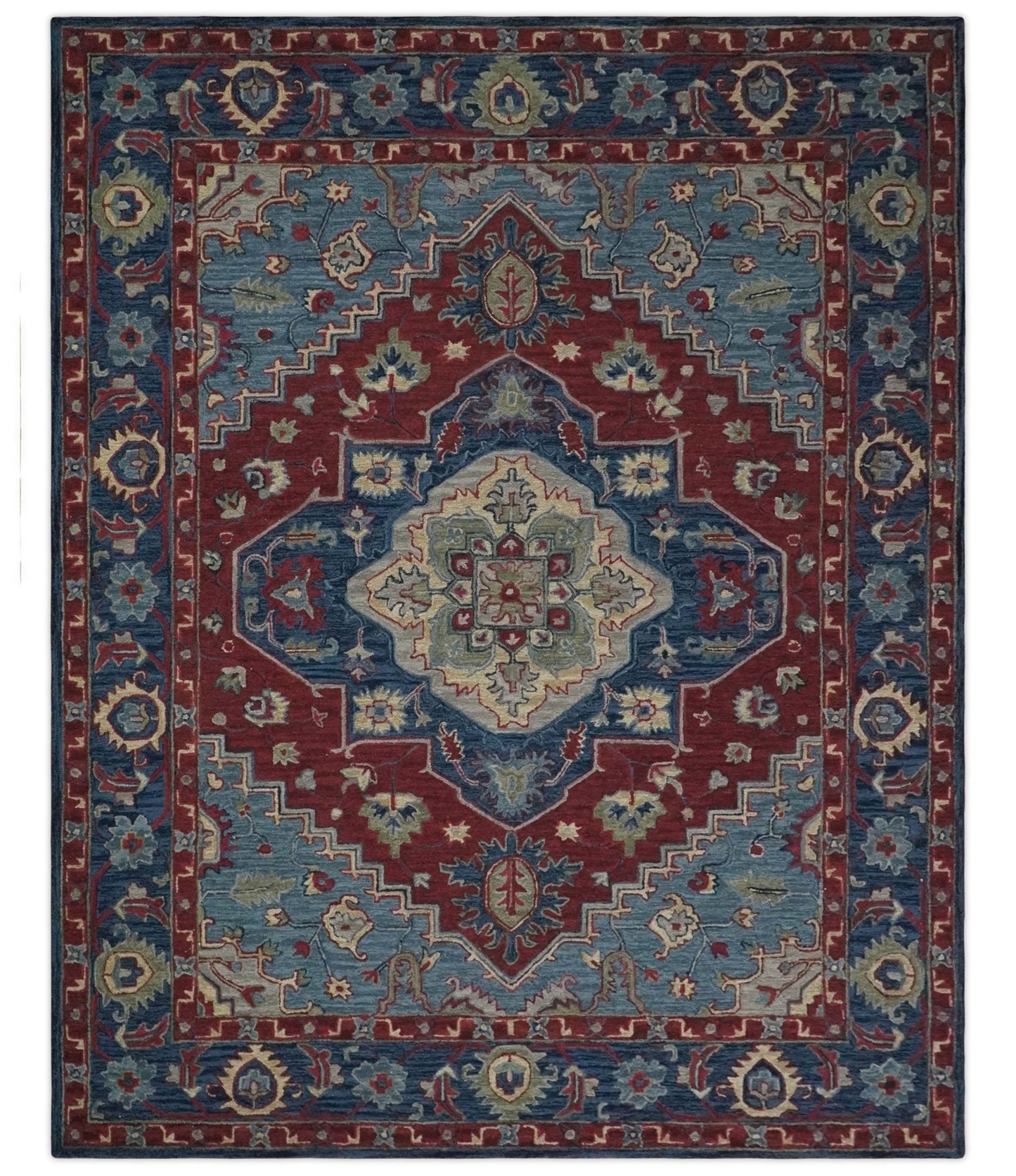 Antique look Maroon and Blue Hand Tufted Traditional Heriz Medallion Multi Size wool Area Rug