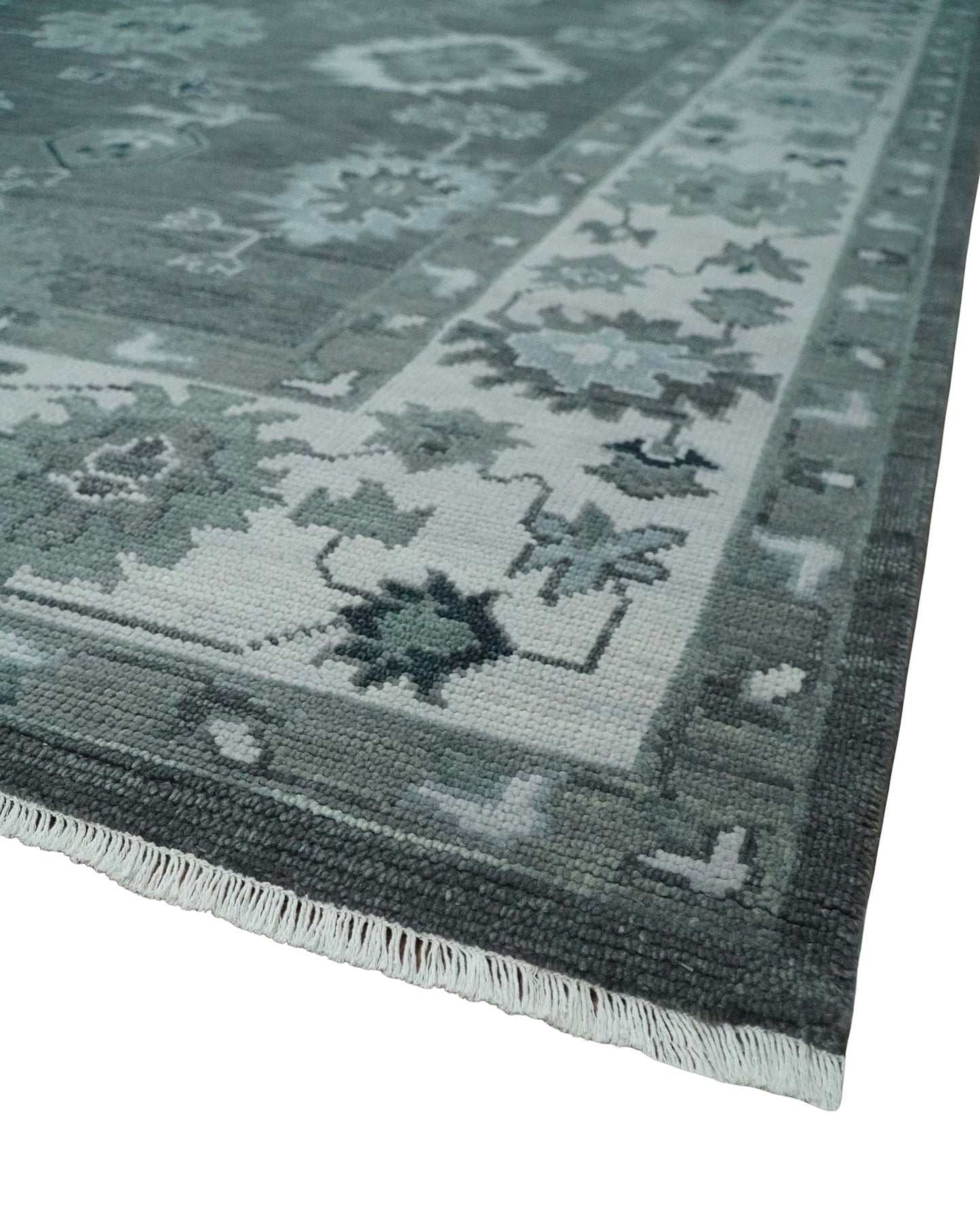 Antique Hand Knotted Charcoal and Ivory Traditional Oushak Wool Area Rug