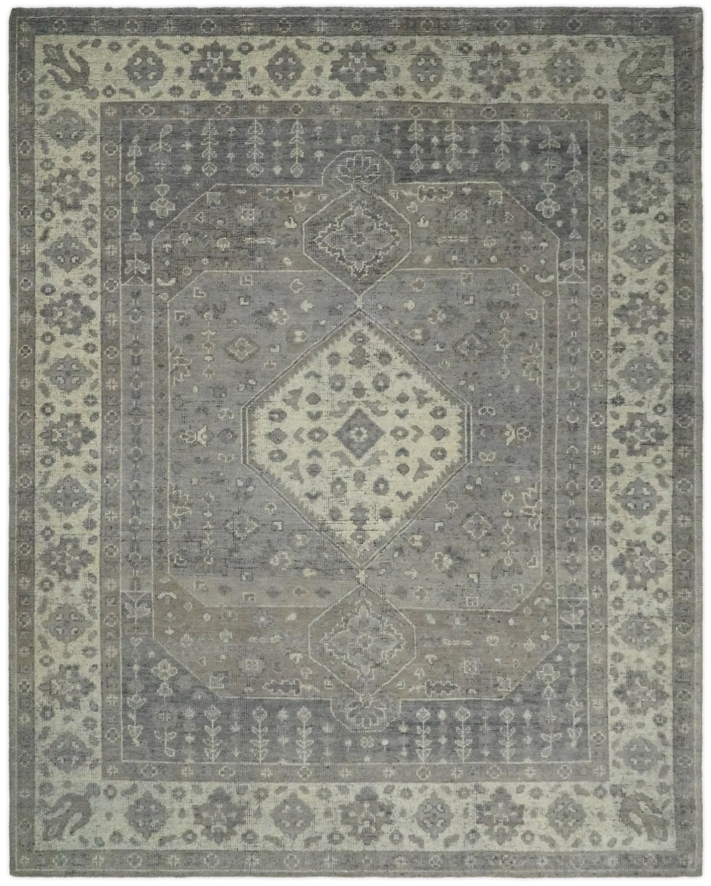 Custom Made Vintage Distressed Hand Knotted Serapi Gray and Beige Wool Area Rug
