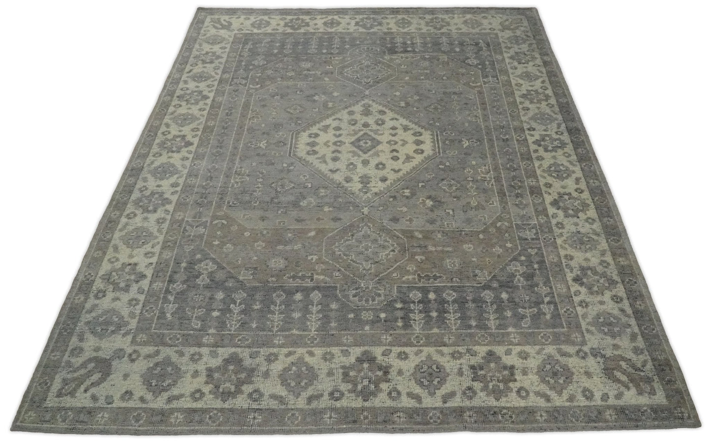Custom Made Vintage Distressed Hand Knotted Serapi Gray and Beige Wool Area Rug