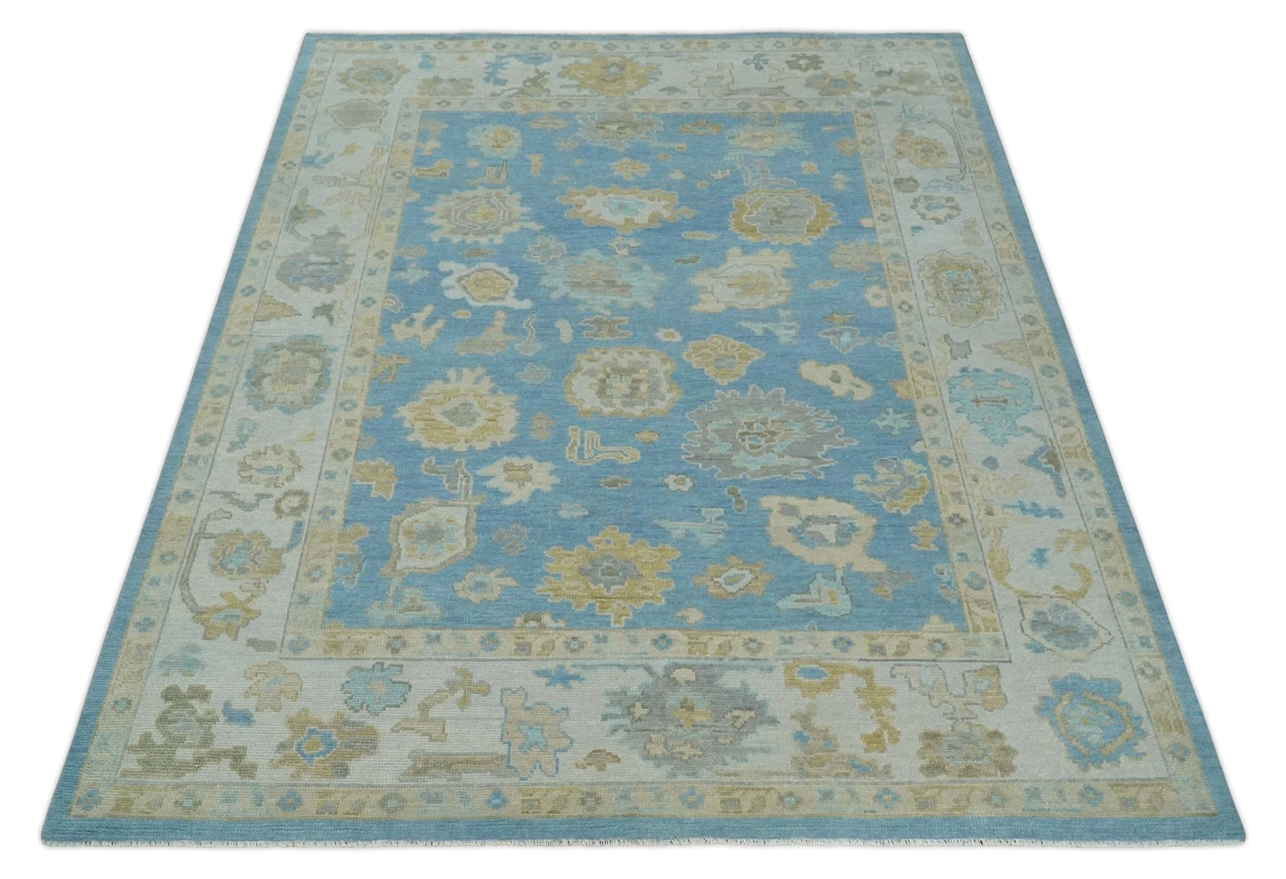 Blue, Silver and Brown Hand Knotted Traditional Oushak wool Rug