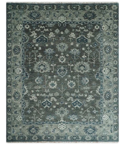 Antique Charcoal Hand Knotted Oushak Silver and Blue Traditional Wool Rug