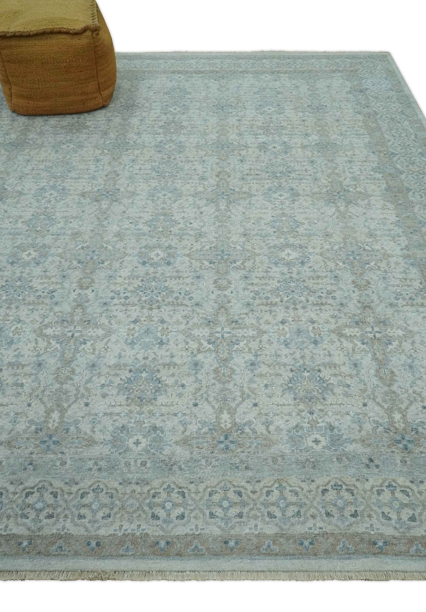 Antique Distress finish Silver, Teal and Brown Hand Knotted Traditional 8x10 wool Rug
