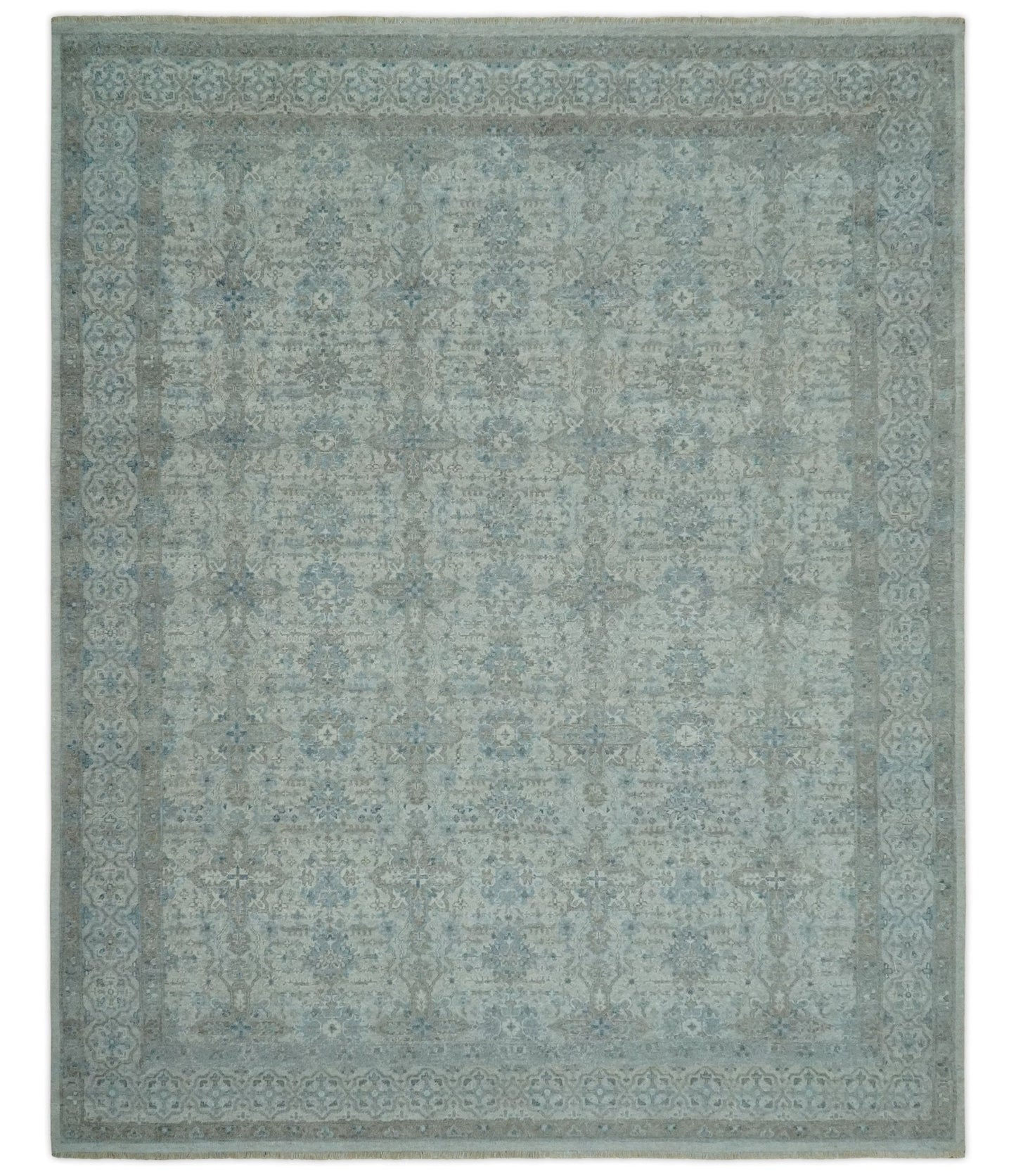 Antique Distress finish Silver, Teal and Brown Hand Knotted Traditional 8x10 wool Rug
