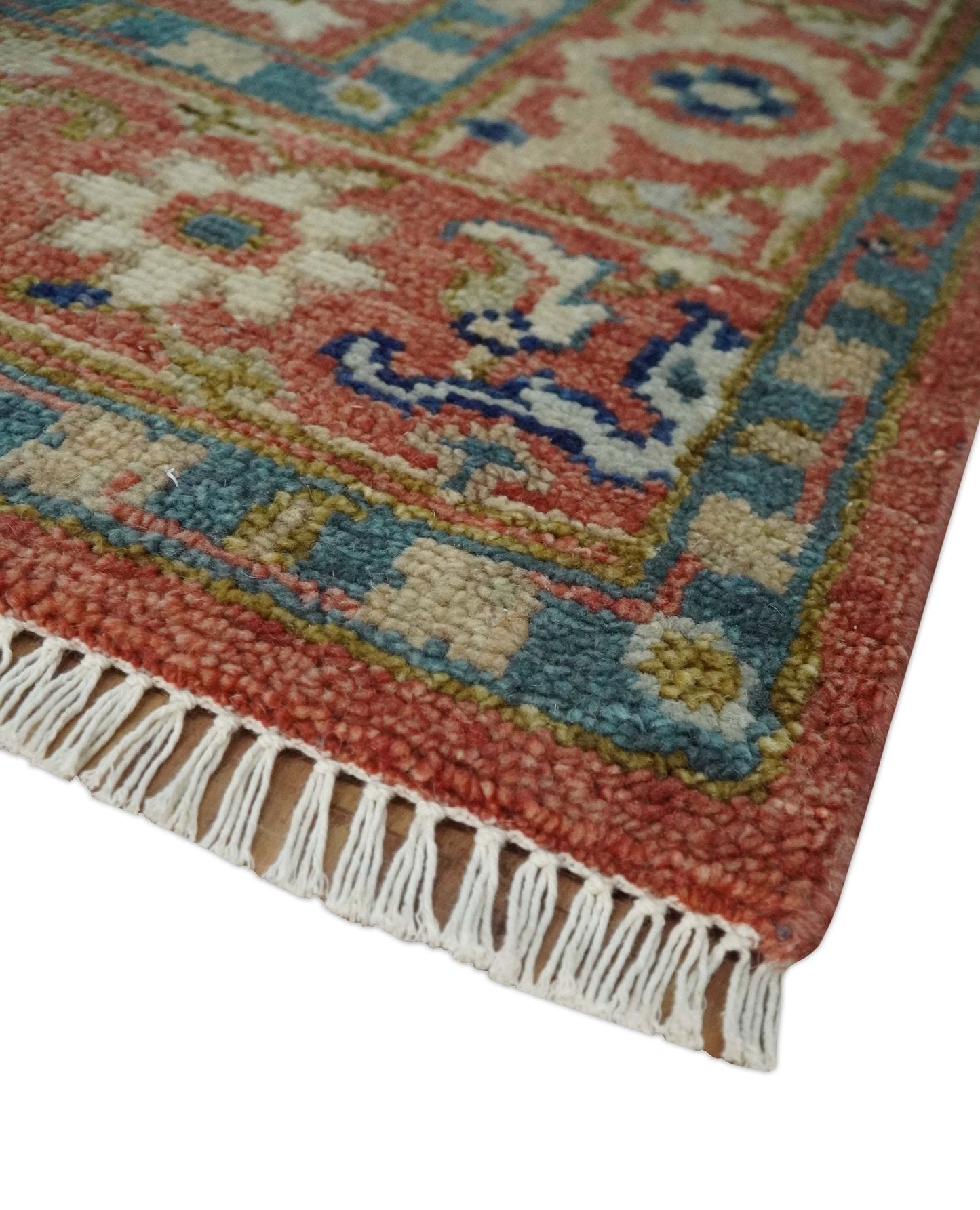 Antique Floral Style Rust, Teal, Ivory and Olive Hand Knotted Oriental Oushak 8x10 Wool Area Rug