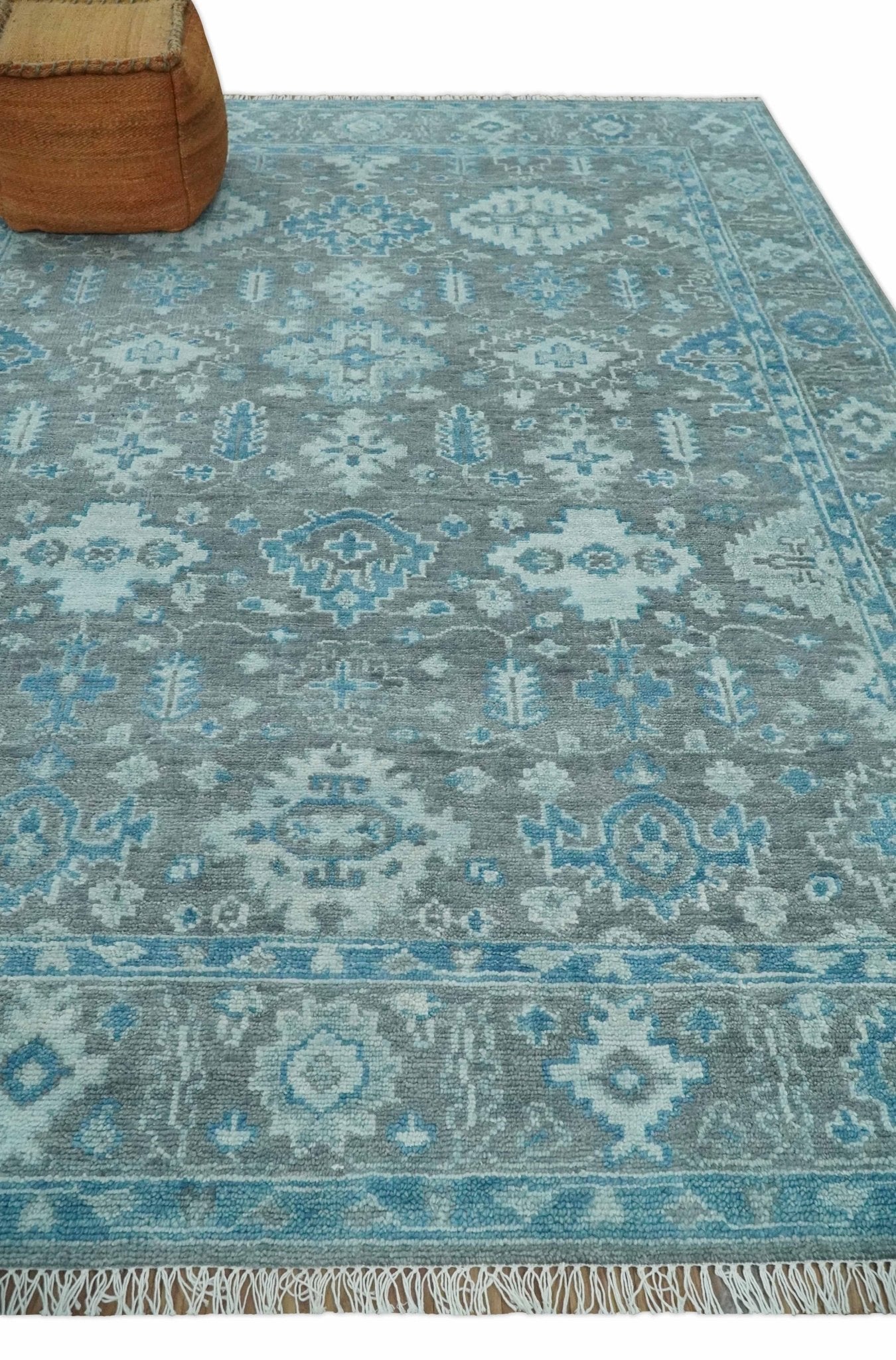 Antique Gray and Blue Hand Knotted 8x10 Oushak Turkish Wool Area Rug
