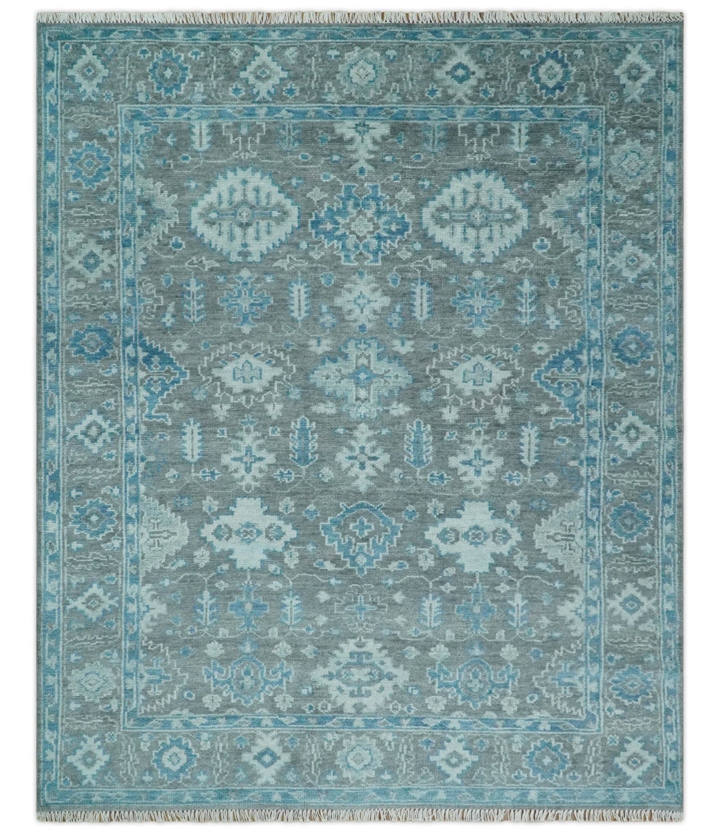 Antique Gray and Blue Hand Knotted 8x10 Oushak Turkish Wool Area Rug