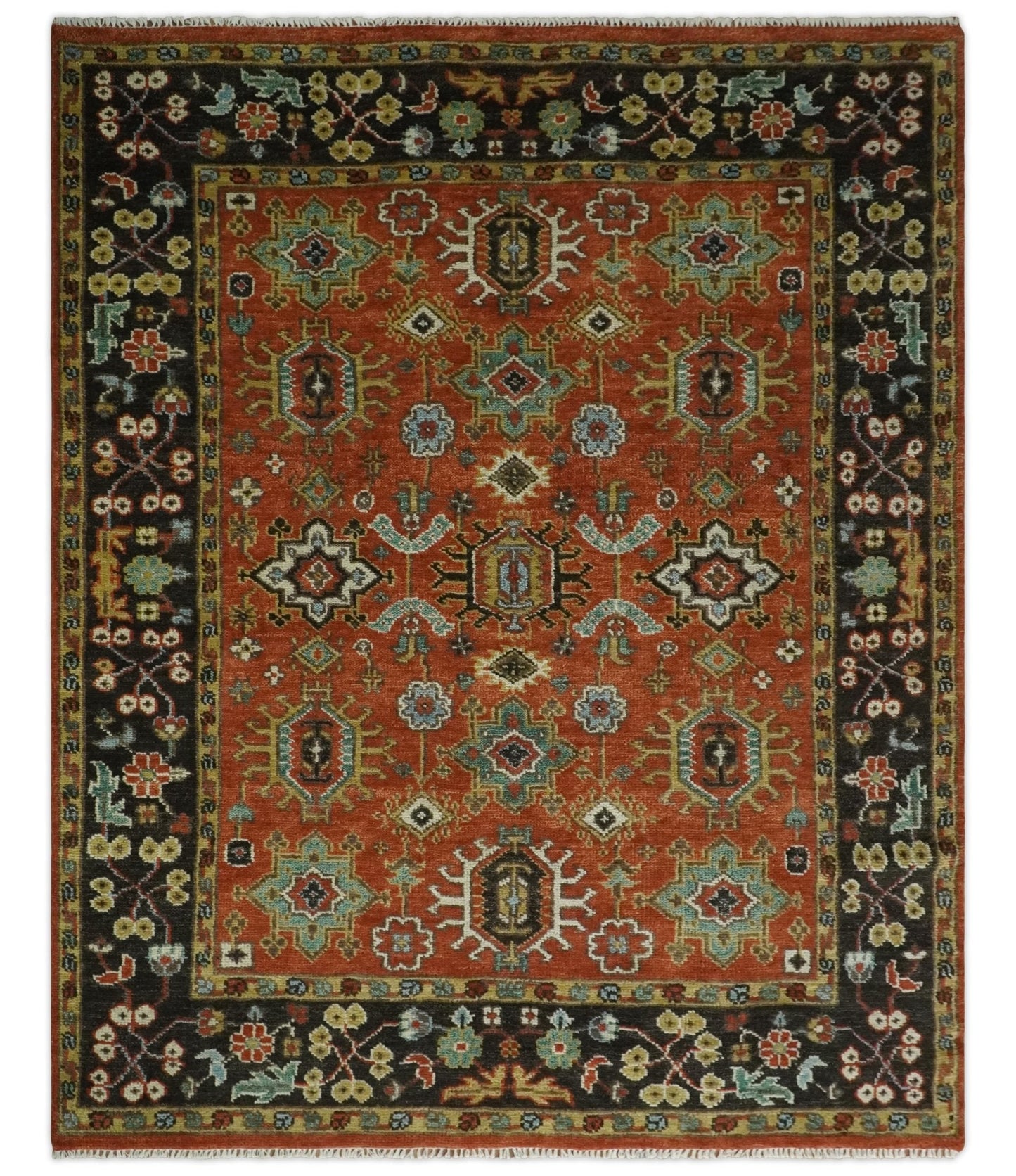 Custom Made Hand Knotted Rust and Black Traditional Wool Rug
