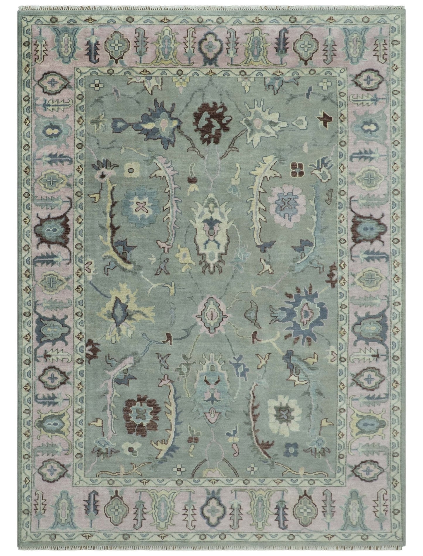 Antique Hand Knotted Green and Pink Traditional Oushak Multi Size Wool Area Rug