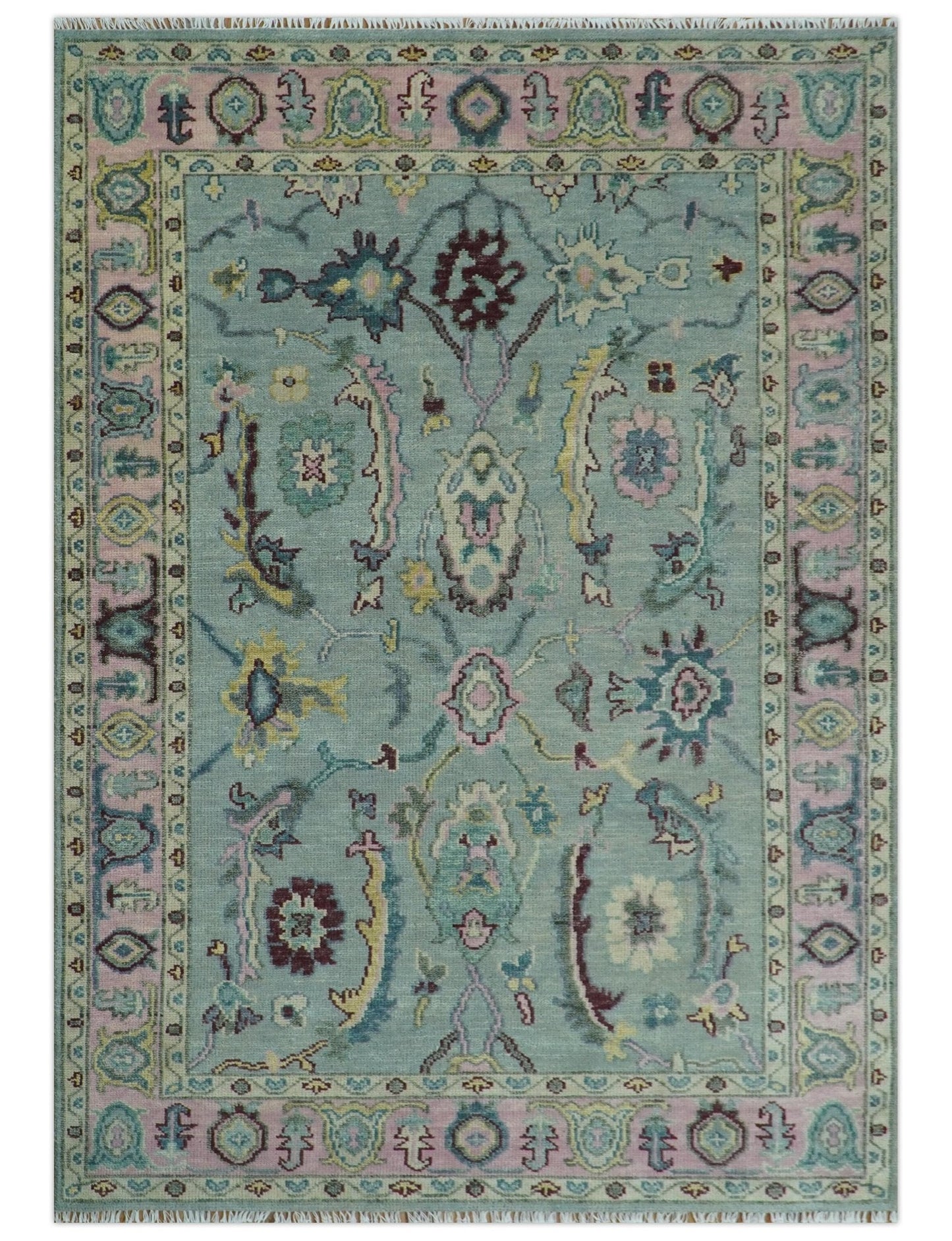 Antique Hand Knotted Green and Pink Traditional Oushak Multi Size Wool Area Rug