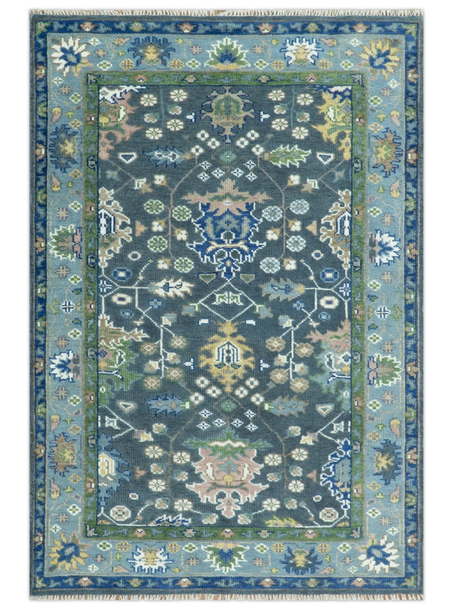 Antique Design Hand Knotted Green Moss and Blue Turkish Oushak Custom Made Wool Area Rug