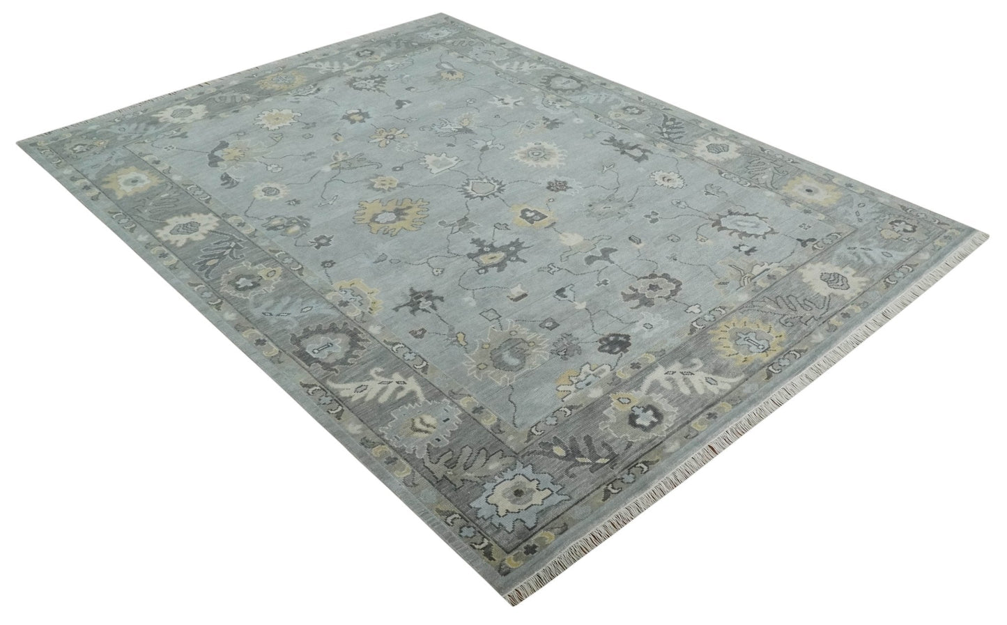 Antique Hand Knotted Silver and Charcoal Traditional Floral Oushak Wool Area Rug