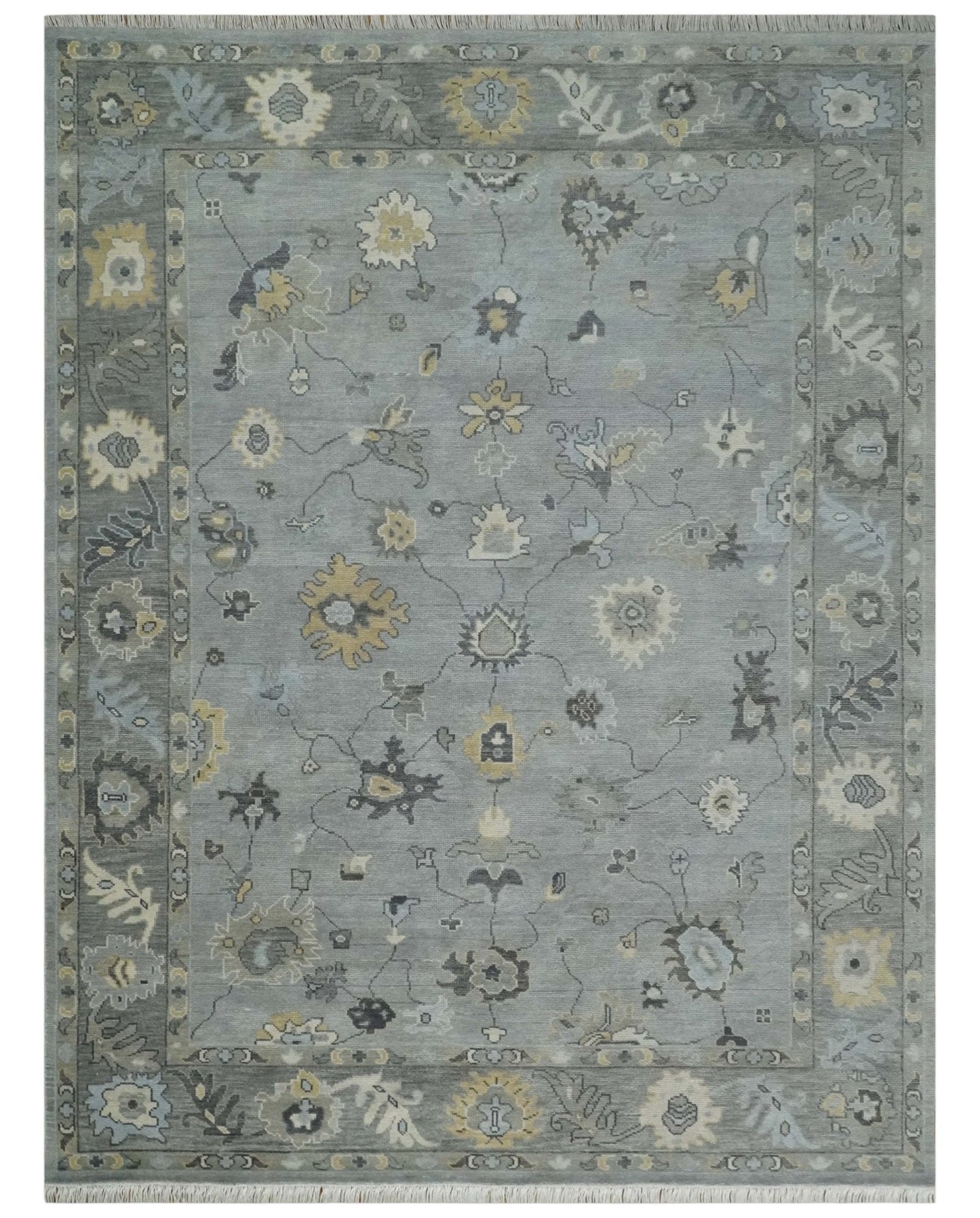 Antique Hand Knotted Silver and Charcoal Traditional Floral Oushak Wool Area Rug