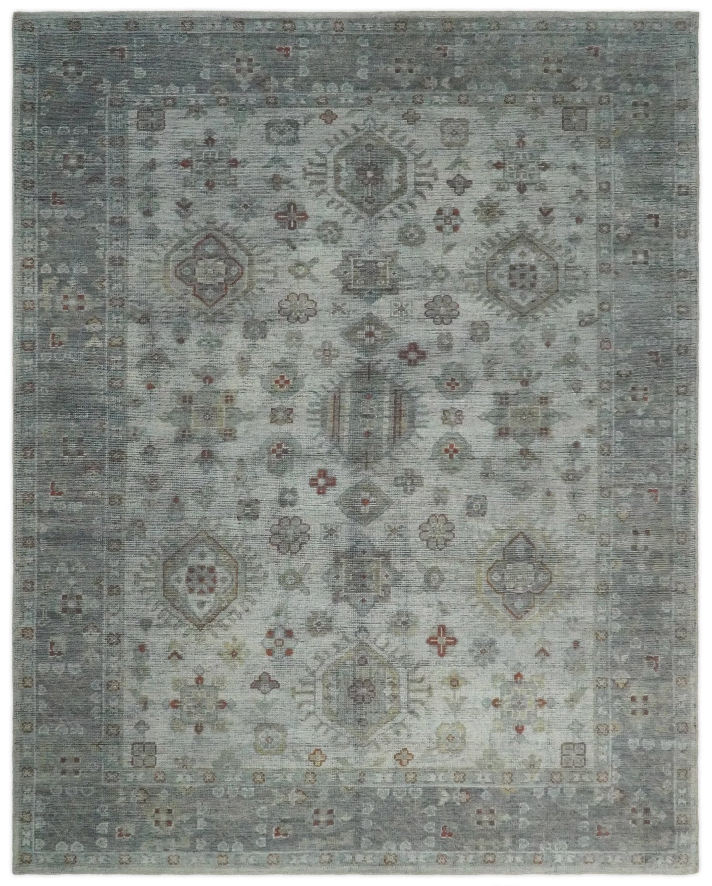 Distressed Hand Knotted Traditional  Silver and Rust Custom Made Wool Area Rug