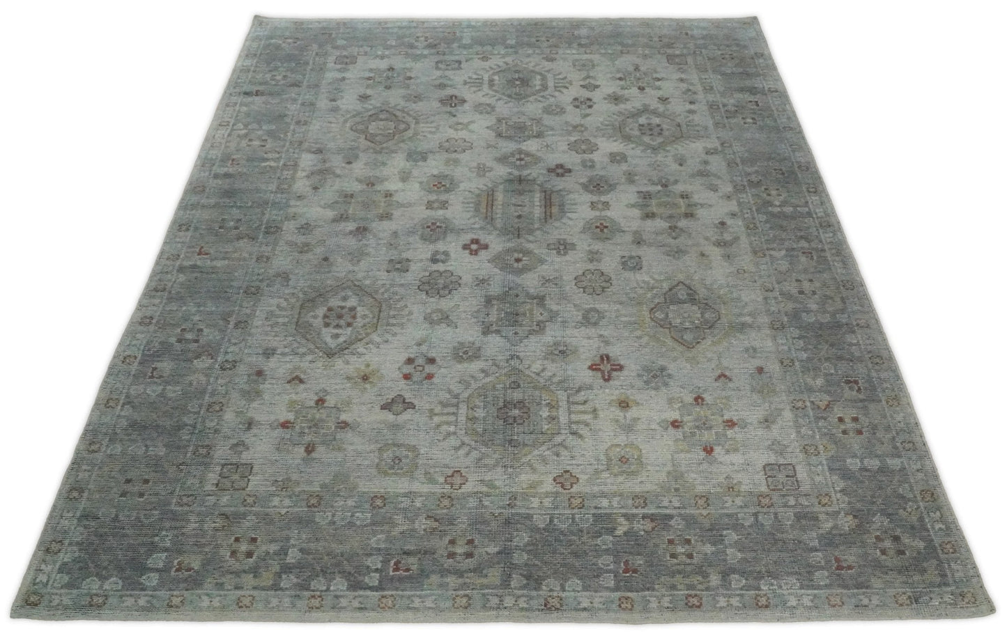 Distressed Hand Knotted Traditional  Silver and Rust Custom Made Wool Area Rug