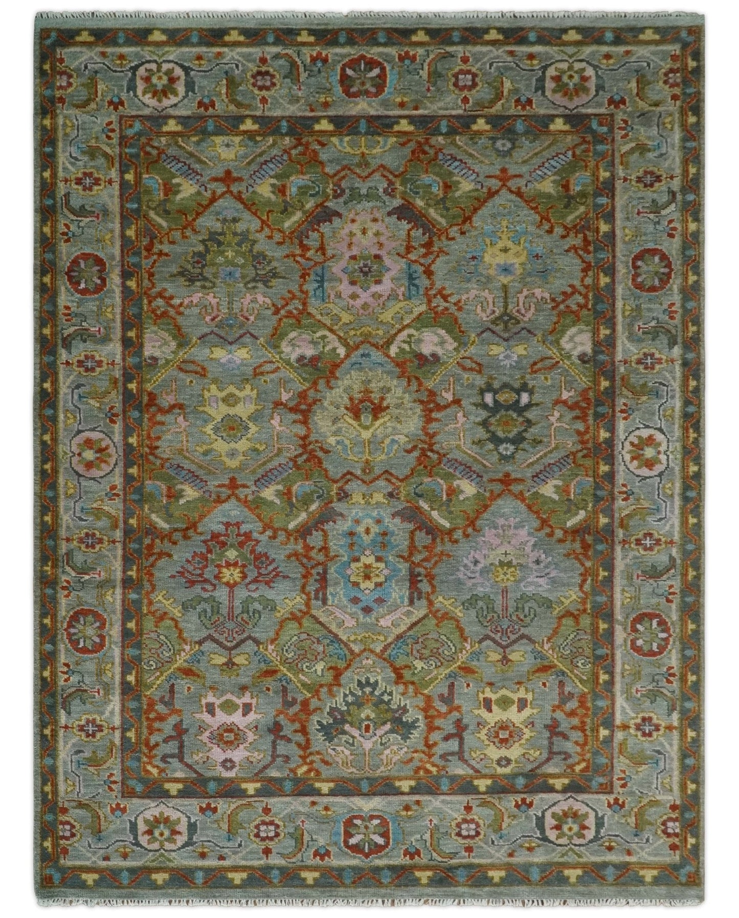Antique Moss All Wool Traditional Persian Silver, Rust and Green Hand knotted Oushak Area Rug | TRDCP719