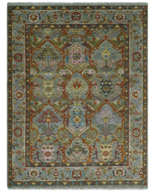 Antique Moss All Wool Traditional Persian Silver, Rust and Green Hand knotted Oushak Area Rug | TRDCP719