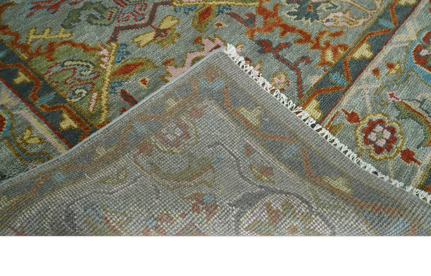 Antique Moss All Wool Traditional Persian Silver, Rust and Green Hand knotted Oushak Area Rug | TRDCP719