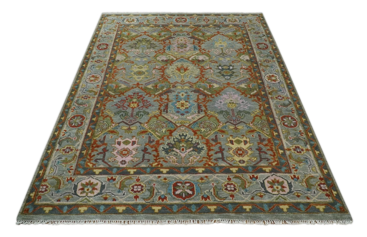 Antique Moss All Wool Traditional Persian Silver, Rust and Green Hand knotted Oushak Area Rug | TRDCP719