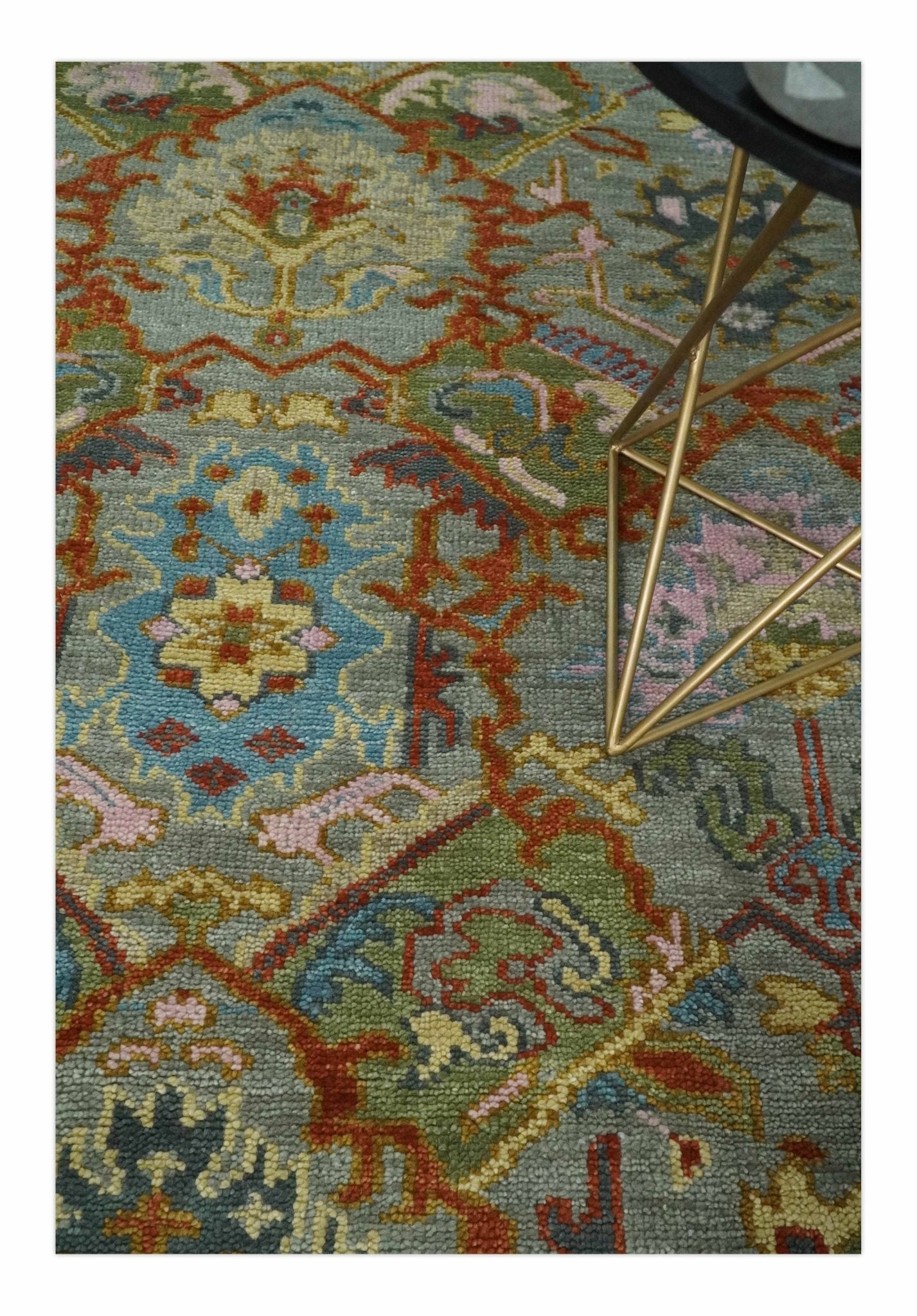 Antique Moss All Wool Traditional Persian Silver, Rust and Green Hand knotted Oushak Area Rug | TRDCP719
