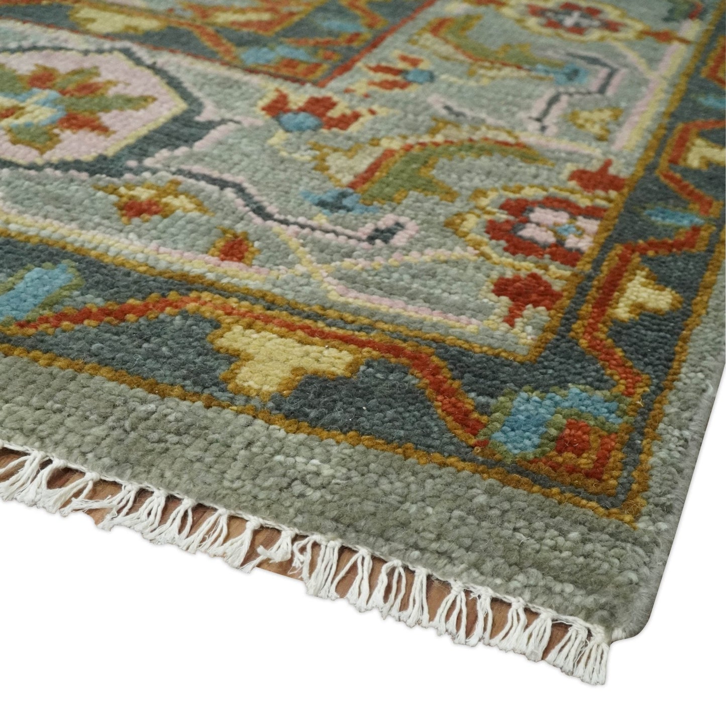 Antique Moss All Wool Traditional Persian Silver, Rust and Green Hand knotted Oushak Area Rug | TRDCP719