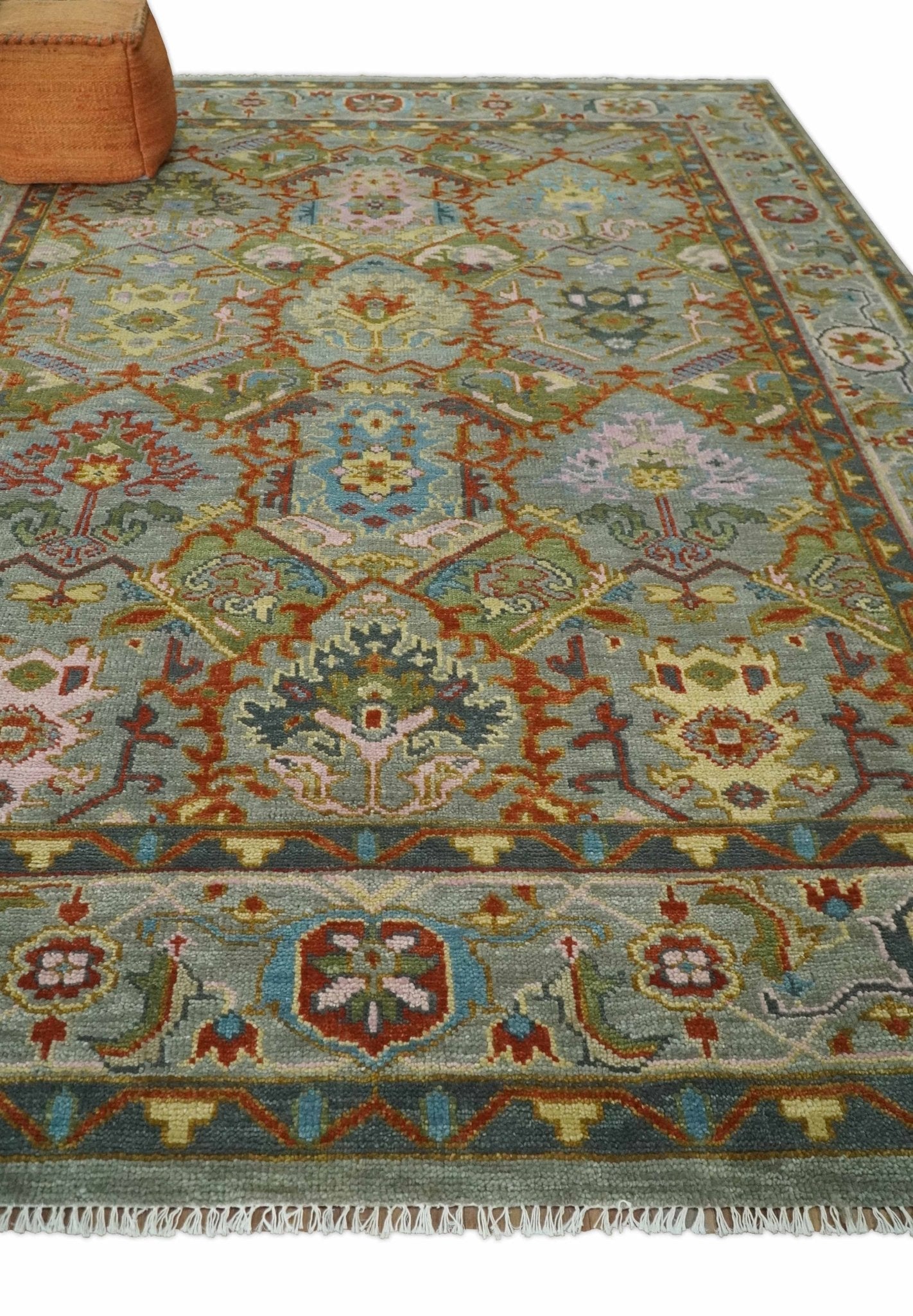Antique Moss All Wool Traditional Persian Silver, Rust and Green Hand knotted Oushak Area Rug | TRDCP719