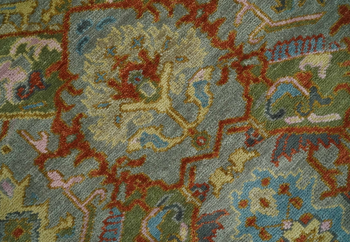 Antique Moss All Wool Traditional Persian Silver, Rust and Green Hand knotted Oushak Area Rug | TRDCP719