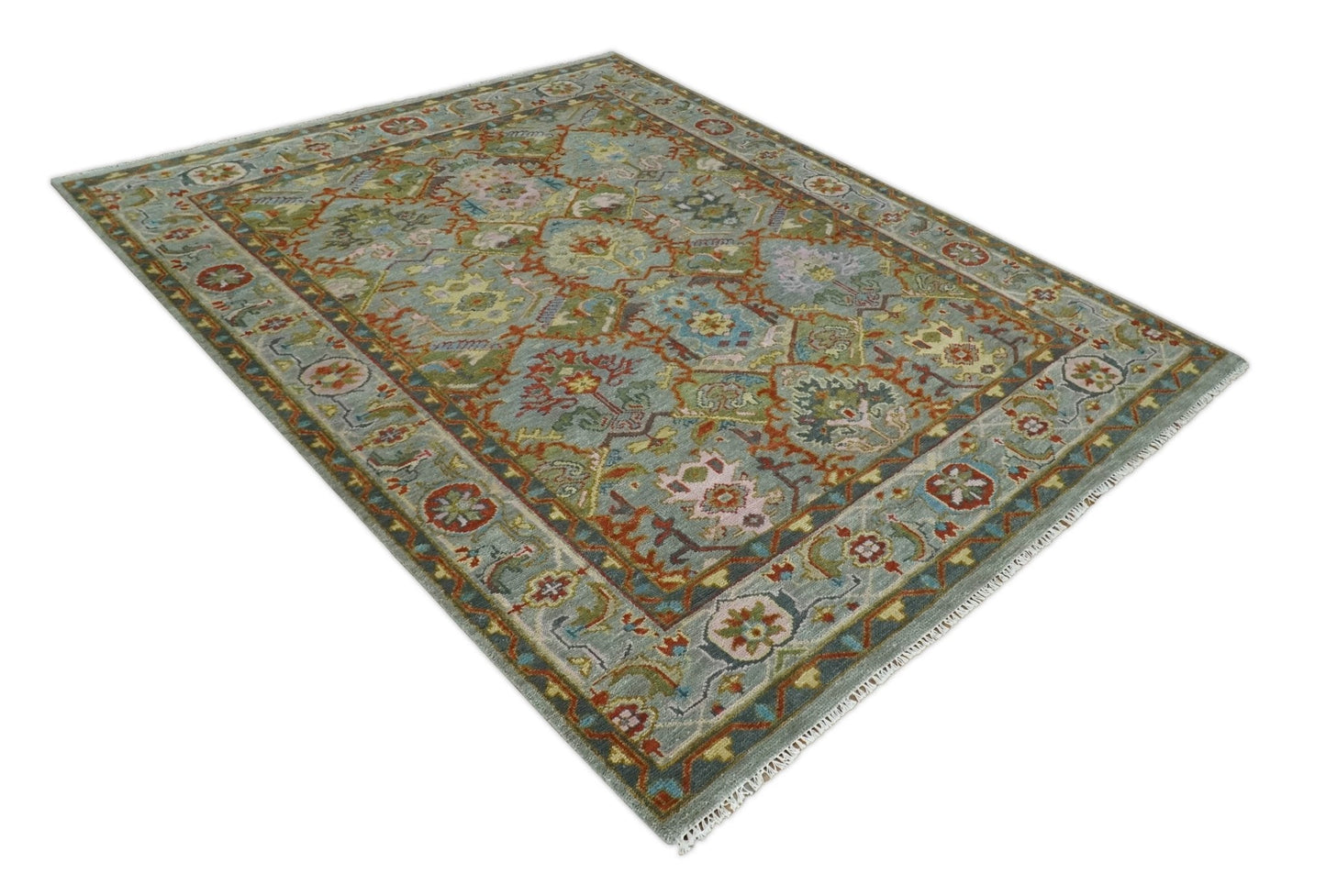 Antique Moss All Wool Traditional Persian Silver, Rust and Green Hand knotted Oushak Area Rug | TRDCP719