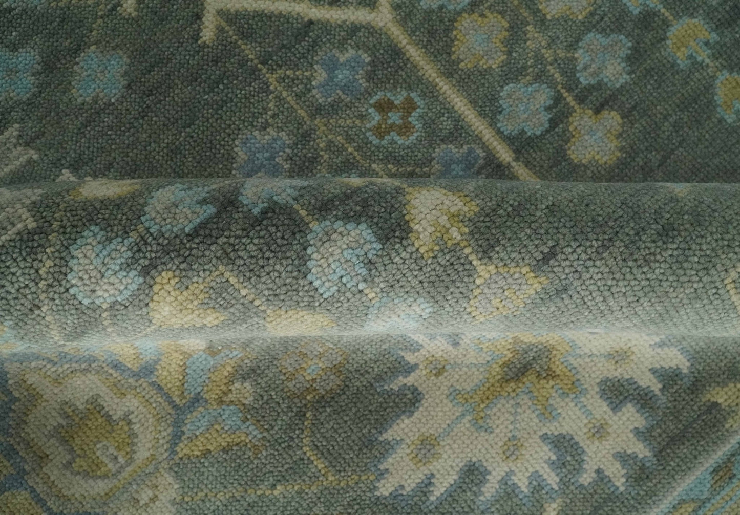 Antique Moss Charcoal Hand Knotted Olive and Beige Traditional Floral Vintage Wool Rug