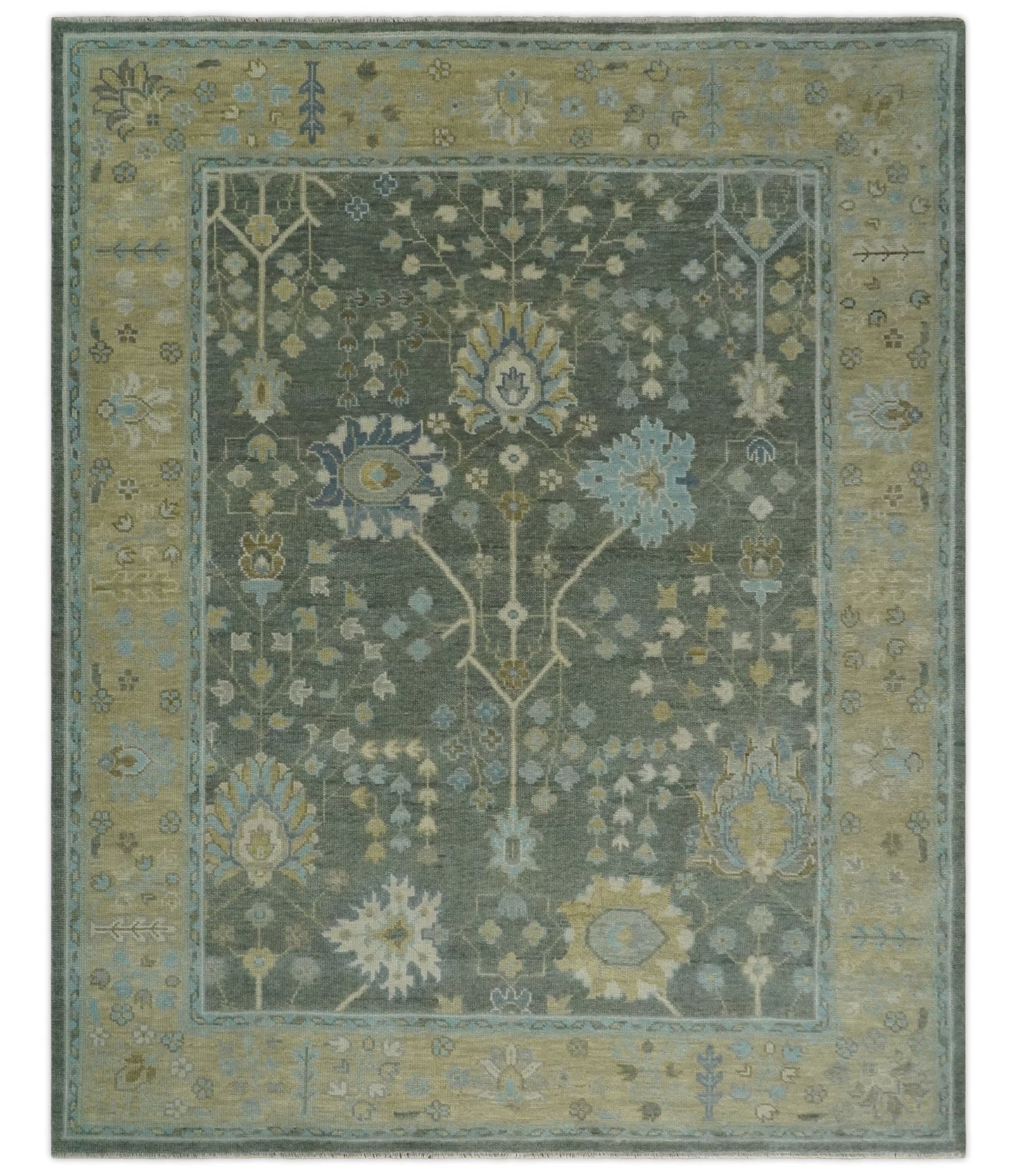 Antique Moss Charcoal Hand Knotted Olive and Beige Traditional Floral Vintage Wool Rug