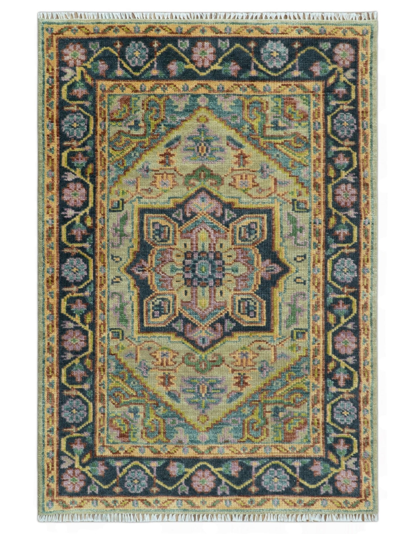 Antique Moss Green and Pink Traditional Multi Size Wool Area Rug