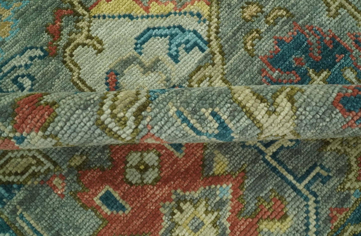 Antique Moss Green Silver and Teal Traditional Oushak Hand knotted Custom Made wool Area Rug