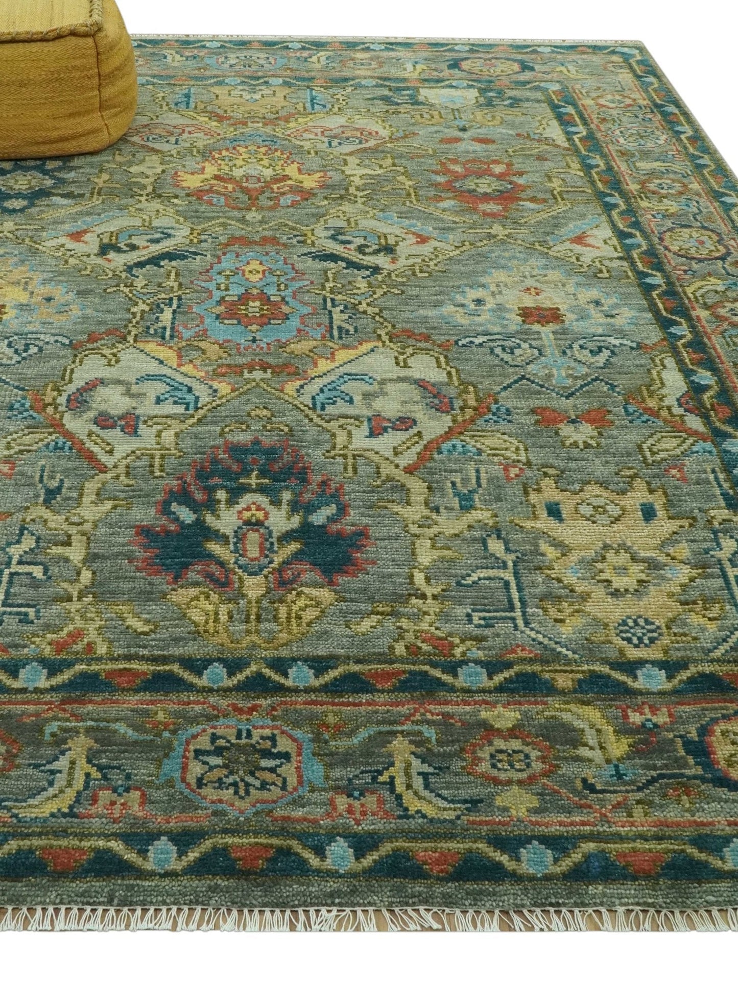 Antique Moss Green Silver and Teal Traditional Oushak Hand knotted Custom Made wool Area Rug