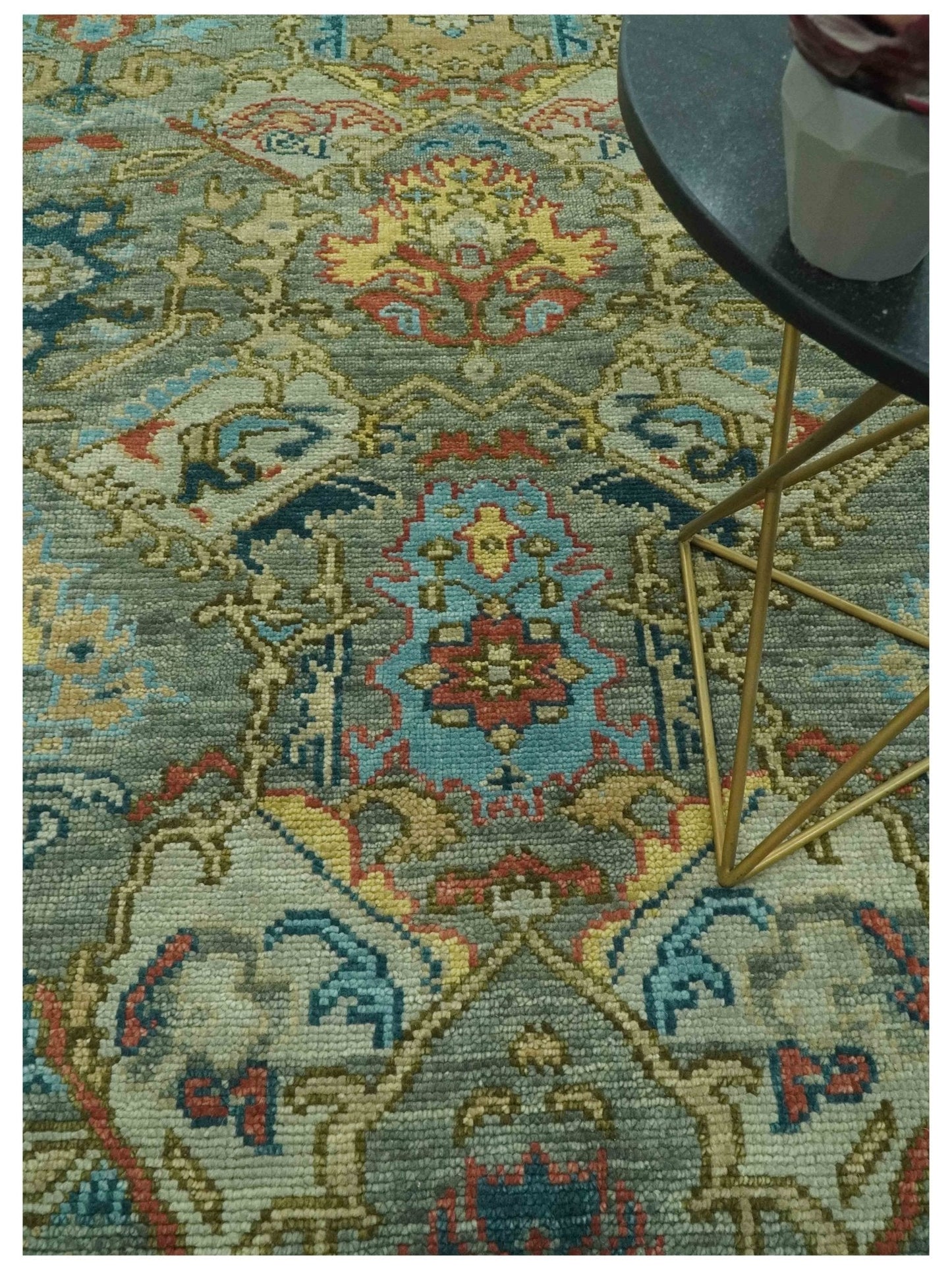 Antique Moss Green Silver and Teal Traditional Oushak Hand knotted Custom Made wool Area Rug