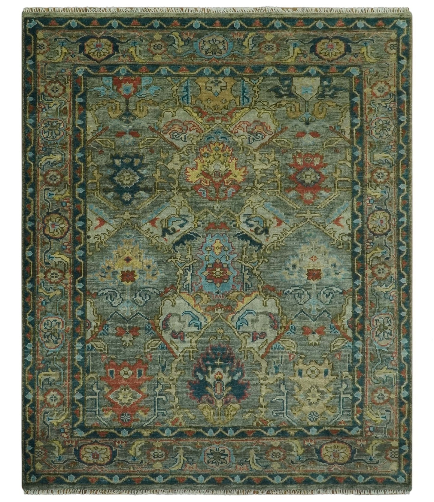 Antique Moss Green Silver and Teal Traditional Oushak Hand knotted Custom Made wool Area Rug