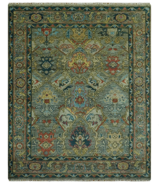 Antique Moss Green Silver and Teal Traditional Oushak Hand knotted Custom Made wool Area Rug