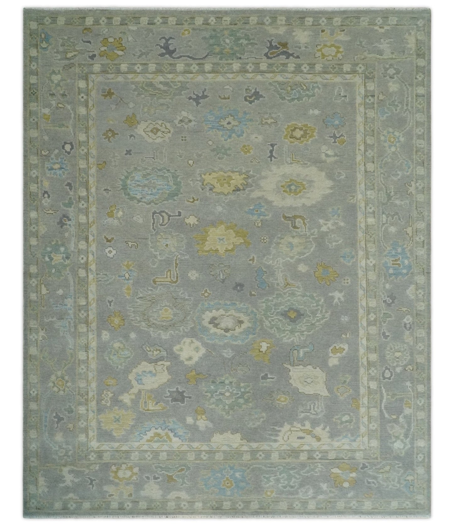 Antique Silver Hand Knotted Oushak Wool Area Rug