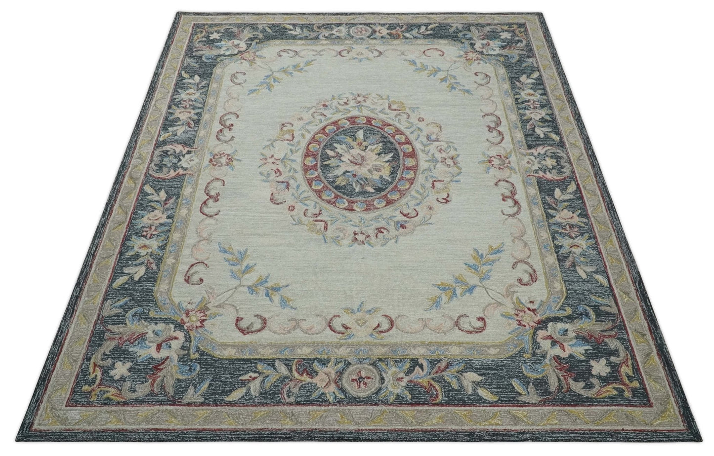 Antique Style Beige and Charcoal Aubusson design Hand Tufted 8x10 wool Area Rug