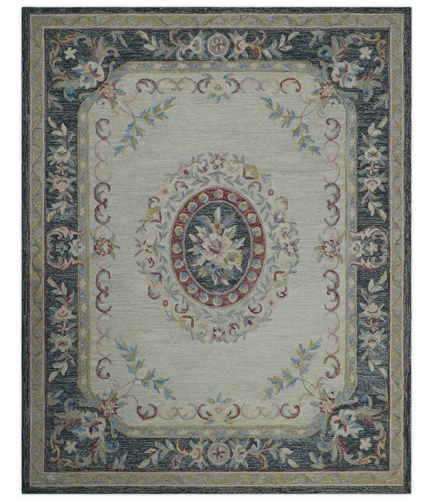 Antique Style Beige and Charcoal Aubusson design Hand Tufted 8x10 wool Area Rug