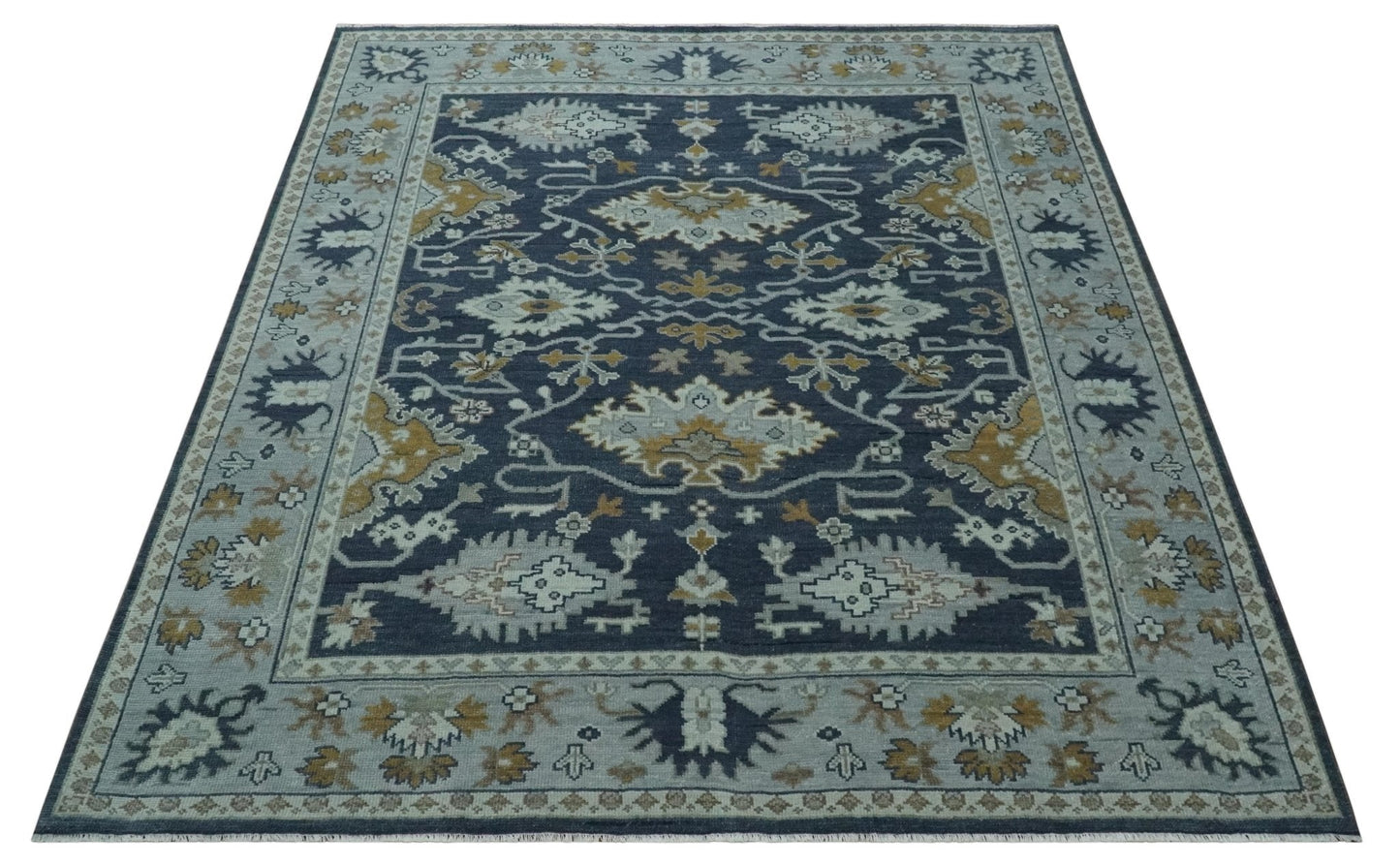 Antique style Blue and Silver Traditional Multi Size Hand Knotted Oushak Wool Rug
