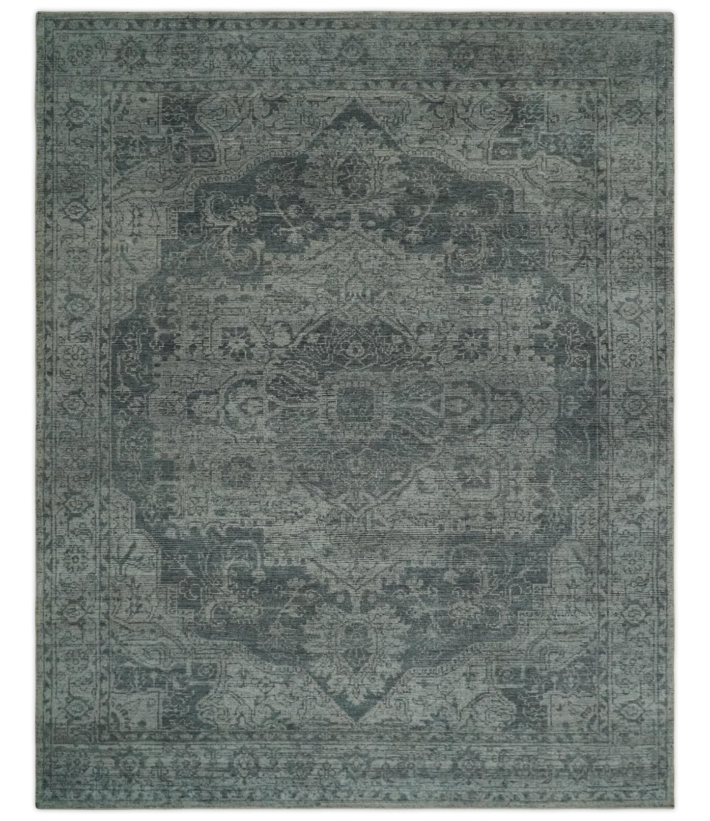 Antique Style Charcoal and Silver Traditional Heriz Medallion 8x10 wool Area Rug