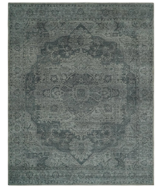 Antique Style Charcoal and Silver Traditional Heriz Medallion 8x10 wool Area Rug