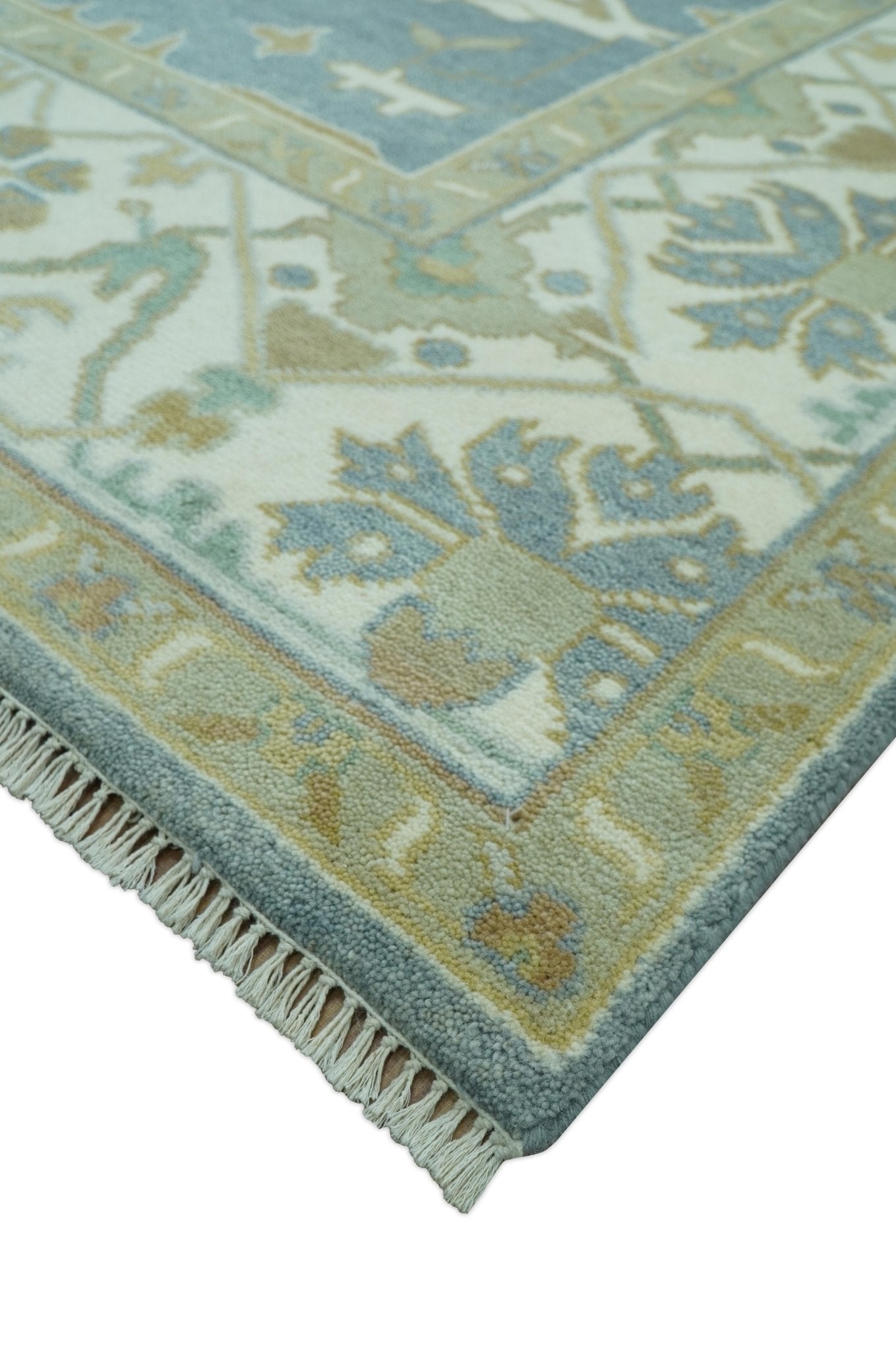 Antique Style Grayish Blue and Ivory Hand Knotted Custom Made Wool Rug