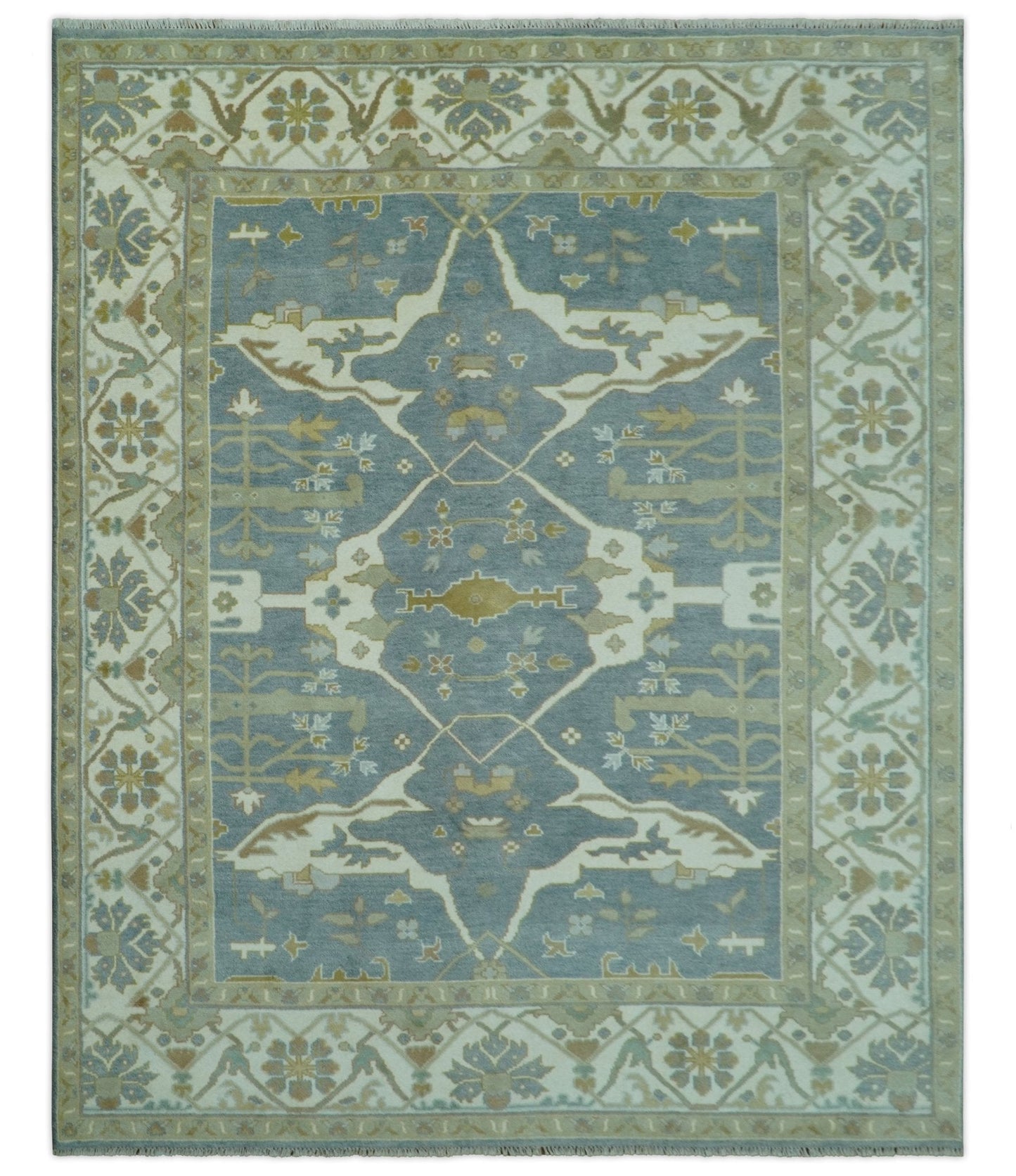 Antique Style Grayish Blue and Ivory Hand Knotted Custom Made Wool Rug