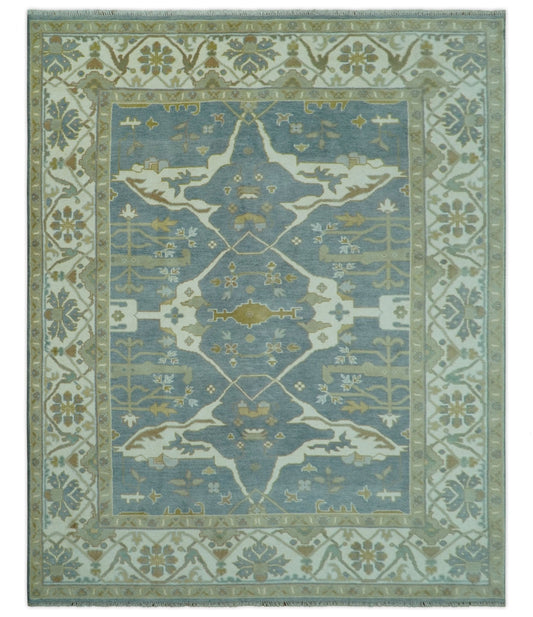 Antique Style Grayish Blue and Ivory Hand Knotted Custom Made Wool Rug