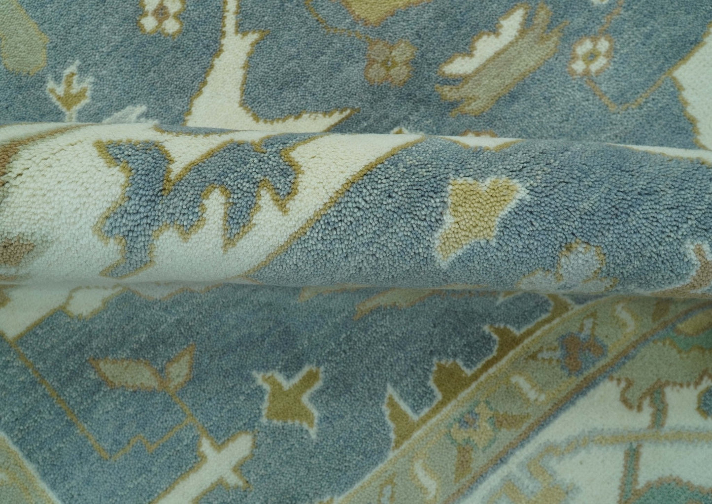 Antique Style Grayish Blue and Ivory Hand Knotted Custom Made Wool Rug