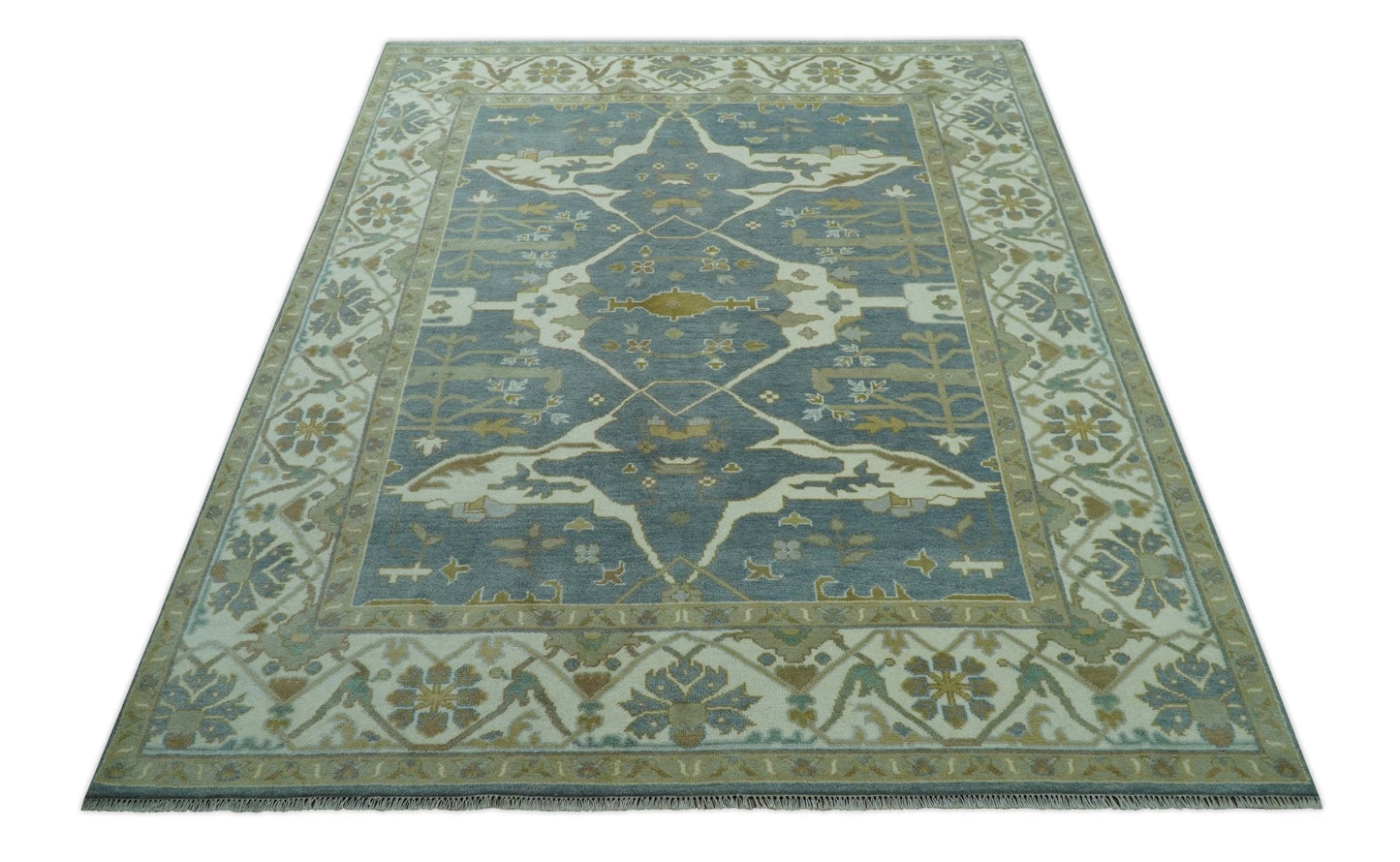 Antique Style Grayish Blue and Ivory Hand Knotted Custom Made Wool Rug