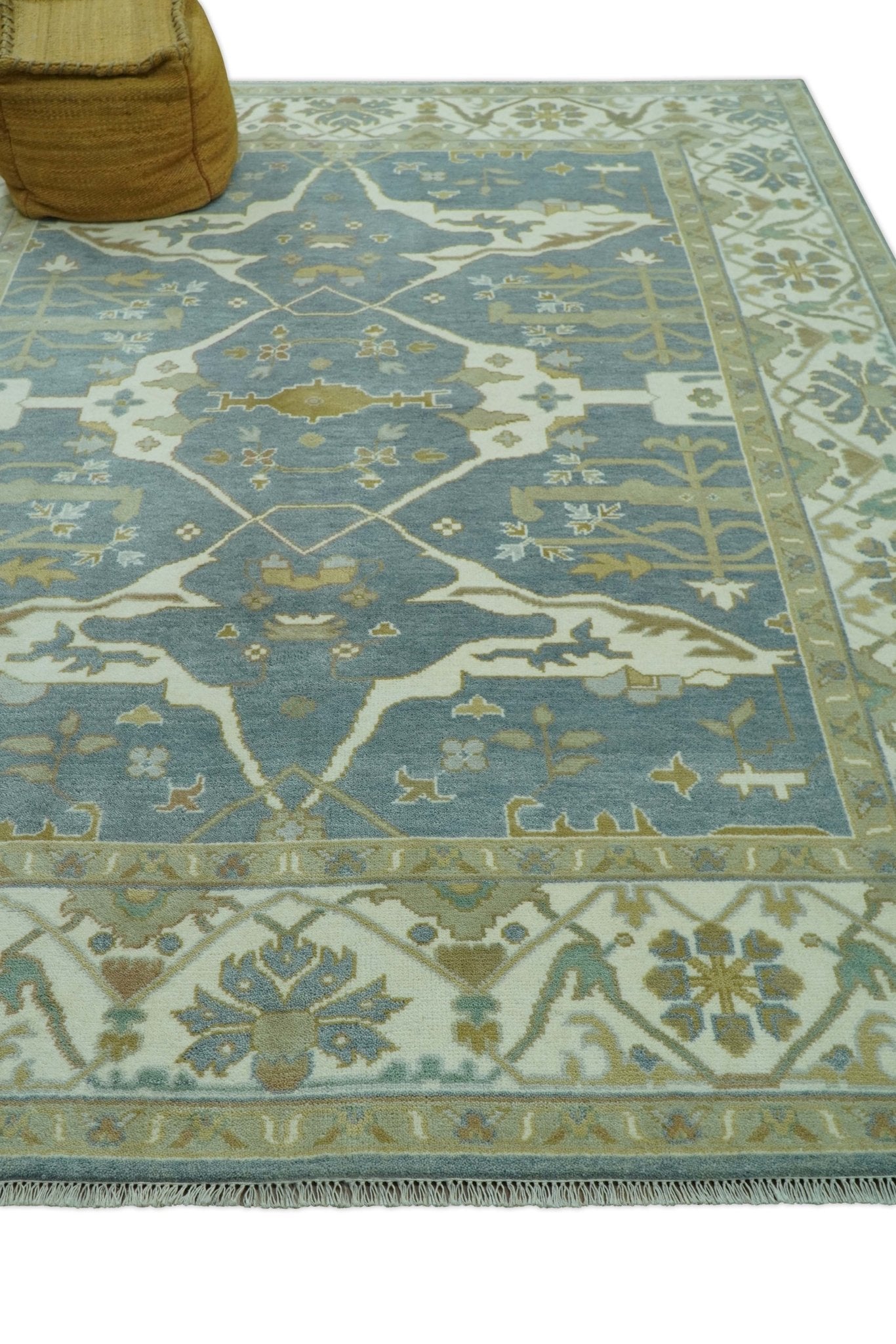 Antique Style Grayish Blue and Ivory Hand Knotted Custom Made Wool Rug