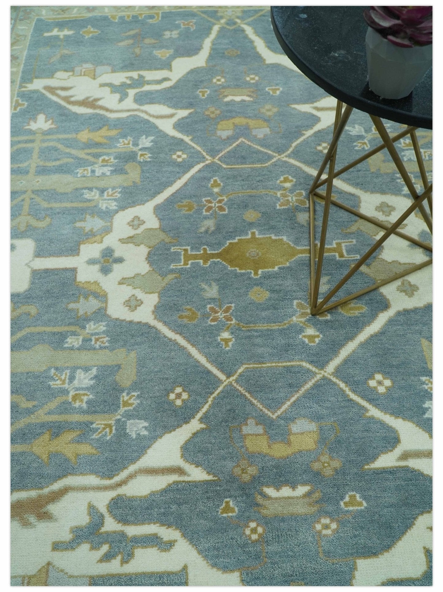 Antique Style Grayish Blue and Ivory Hand Knotted Custom Made Wool Rug