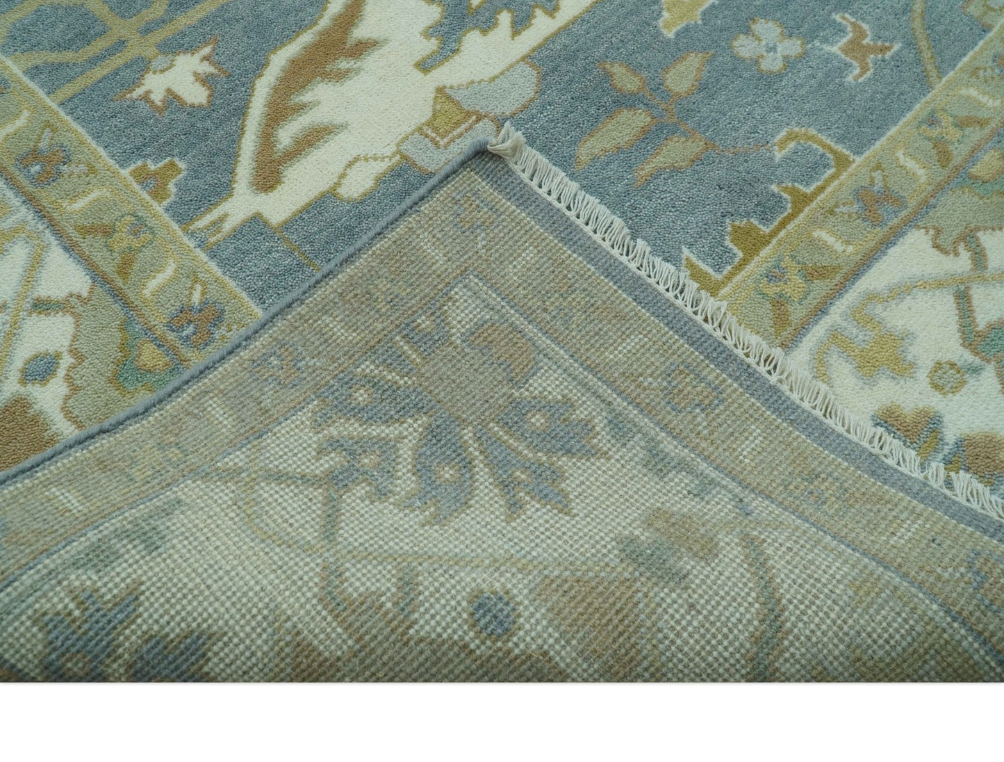 Antique Style Grayish Blue and Ivory Hand Knotted Custom Made Wool Rug